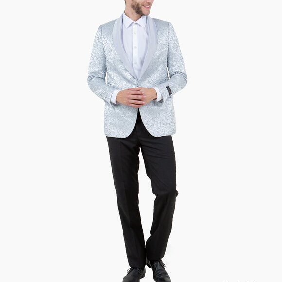 Silver Paisley Satin Shawl Collar Men's Jacket